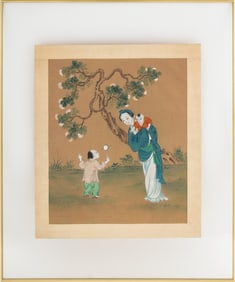 Chinese Mother and Children Gouache on Silk