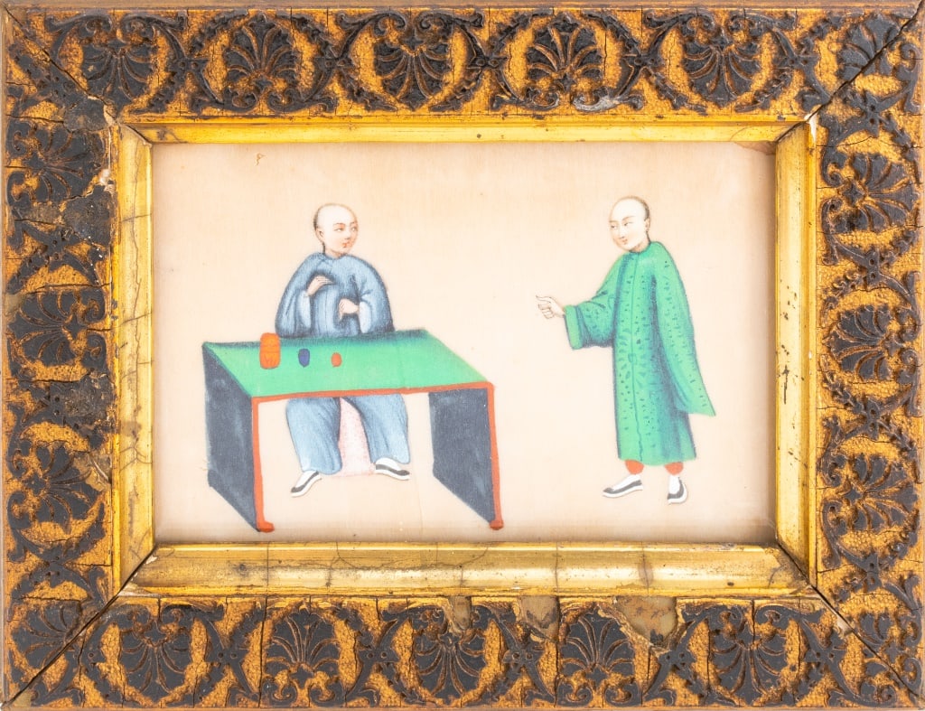 Chinese Figural Scene Gouache on Silk, 19th C.: Chinese School, Figural Scene, Gouache on Silk, 19th century, depicting a magician at a table before a stunned audience member, giltwood frame. Image: 3.5" H x 5.25" W; frame: 6.25" H x 8" W. Provenan