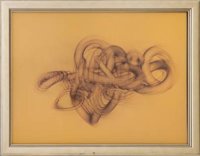 Chino Soria Abstract Digital Animation Print, 2000: Chino Soria (Argentinean, b. 1964), Abstract Composition, Digital Animation Print, 2000, signed, titled, and dated to verso, silver-tone frame. Image: 17" H x 22.5" W; frame: 20" H x 25.5" W x 0.5" D.