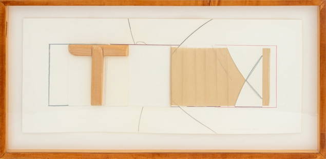 Illegibly Signed Abstract Wood & Paper Collage: Contemporary School, Abstract Composition, Wood, Graphite, and Paper Collage, illegibly signed in pencil "... Lin (?)" lower right, wood frame. Image: 13" H x 31.5" W; frame: 18" H x 36.75" W. Provena