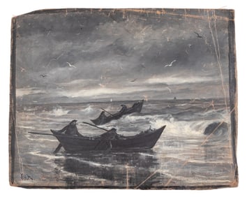 British School Fishermen Oil on Unstretched Canvas