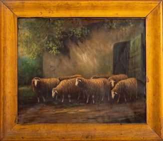 W. Benson Flock of Sheep Oil on Canvas