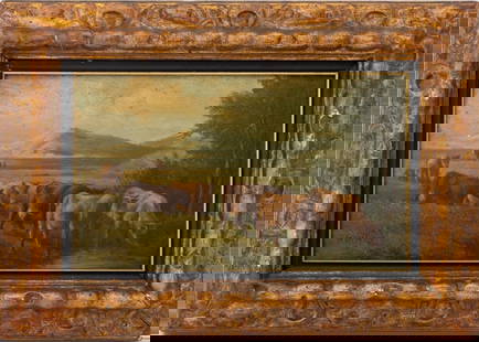 Illegibly Signed Western Landscape Oil on Panel: American School, Western Pastoral Landscape Scene, Oil on Wood Panel, illegibly signed "Hucher(?)" lower left, giltwood frame. Image: 5" H x 8.5" W; frame: 9.25" H x 11.75" W. Provenance: From a New Y