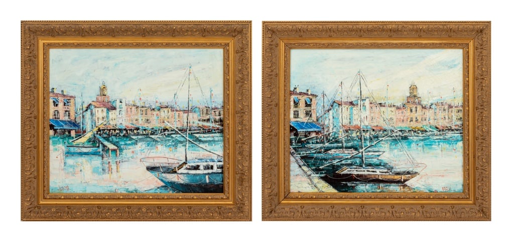 W. Jones Fishermen Boat Harbor Oil Painting