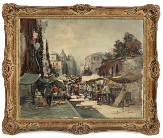 Amedeo Sica City Market Scene Oil on Canvas