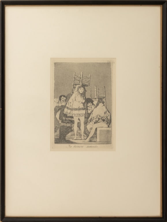 Francisco de Goya "Ye Tienen Asiento" Etching: Francisco de Goya (Spanish, 1746-1828), "Ya Tienen Asiento" [They've Already Got a Seat], Plate 26 from the "Los Caprichos" [The Caprices] series, Etching and Aquatint, titled lower center and numbere