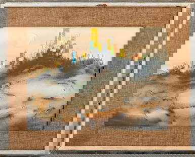 Gertrude Harbart "Pilgramge" Mixed Media on Paper: Gertrude Felton Harbart (American, 1908-1999), "Pilgrimage", Mixed Media on Paper, watercolor and gouache, signed lower right, with label to verso, silver-tone frame. Image: 16" H x 22.25" W; frame: 2