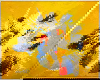 Chertoff Abstract Composition Oil on Canvas: Chertoff (XX), Abstract Expressionist Composition, Oil on Canvas, depicting a polychrome sunburst on a yellow ground, signed "Chertoff" to lower left, chrome metal frame. Tear to canvas. Image: 29.73"
