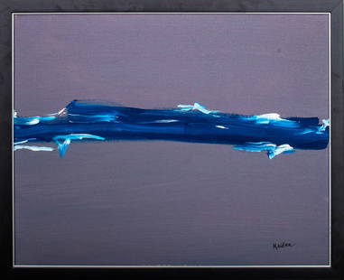 Illegibly Signed "Blue Wave I" Oil on Canvas, 2007: Contemporary School, "Blue Wave I", Oil on Canvas, 2007, depicting an abstracted azure streak upon a slate gray ground, illegibly signed "Keiber (?)" lower right, titled and dated to verso, black fram