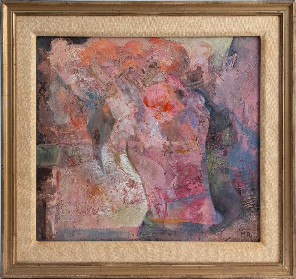 M. Romo Abstraction Oil on Masonite, 1987: M. Romo (XX), Abstraction, Oil on Masonite, 1987, signed and dated lower right, giltwood frame. Image: 14" H x 15" W; frame: 19" H x 20" W. Provenance: From a New York City Collection. Keywords: Paint