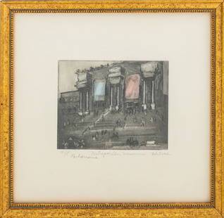 Helen Frank "Metropolitan Museum" Etching on Paper: Helen Frank (American, 1949-2014), "Metropolitan Museum", Etching on Paper, view of the steps to the museum with large pink and blue flags, marked edition "A/P" and "Fonlarraine (?)" lower left, title