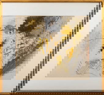 Richards Ruben Abstract Composition Mixed Media: Richards Ruben (American, 1925-1998), Abstract Floral Composition, Mixed Media on Paper, charcoal, pastel, and graphite, signed in pencil lower right, giltwood frame. Image: 14" H x 16" W; frame: 21"