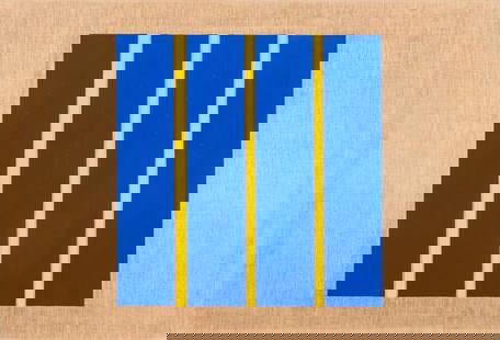 Blue & Yellow Geometric Composition Oil, 1973: 20th Century School, Blue and Yellow Geometric Composition, Oil on Linen, 1973, dated and marked "Untitled", possibly signed "P ...iller (?)" to verso, unframed. 30" H x 44.25" W. Provenance: From the