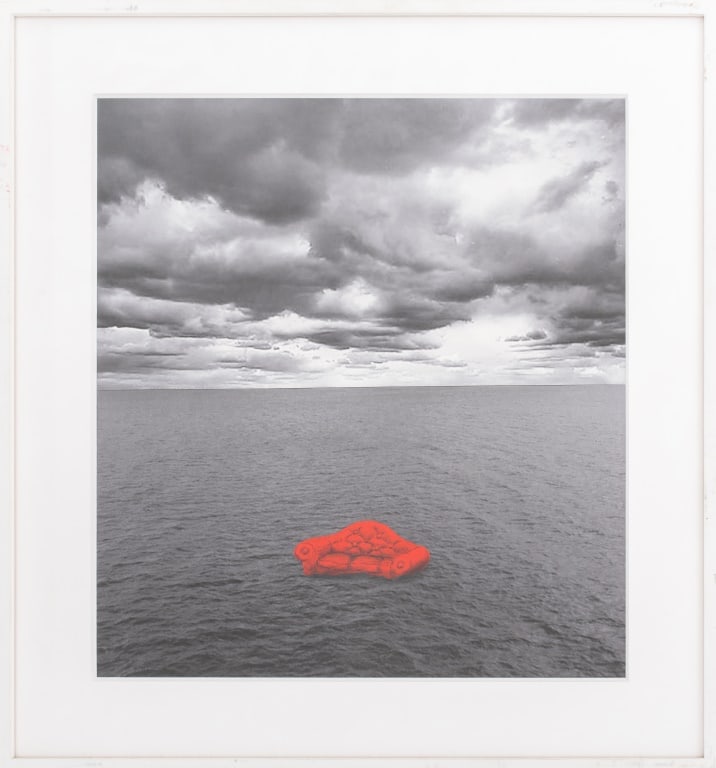 Red Sofa Lost at Sea Acrylic Painted Photograph (1 of 7)