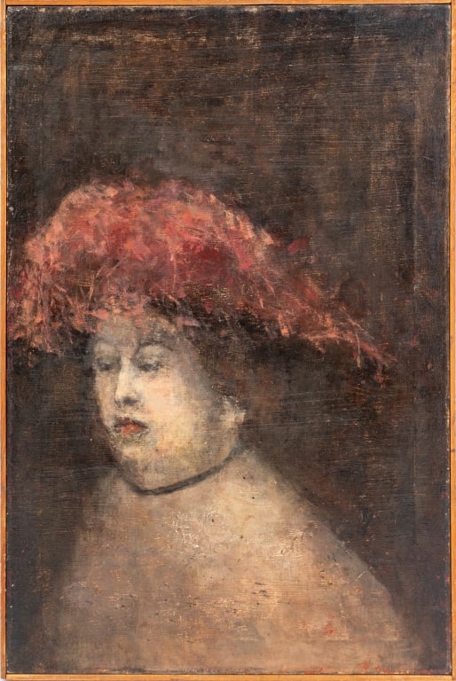 Marlene Sellers Portrait of a Woman Oil on Canvas: Marlene Sellers (American, XX), Portrait of a Woman with Feather Hat, Oil on Canvas, signed to on stretcher to verso, wood frame. Image: 30" H x 20" W; frame: 30.5" H x 20.5" W. Provenance: From the A