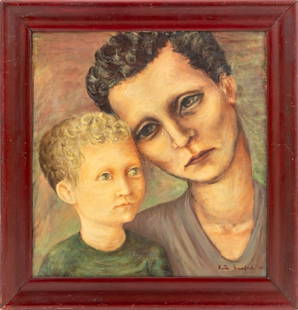 Kate Sanford "What Futur for Them?" Oil, 1944: Kate Sanford (American, XX-XXI), "What Futur for Them?", Oil on Canvas, 1944, signed and dated lower right, signed and titled to verso, red wood frame. Image: 23" H x 22" W; frame: 28.75" H x 27.5" W.