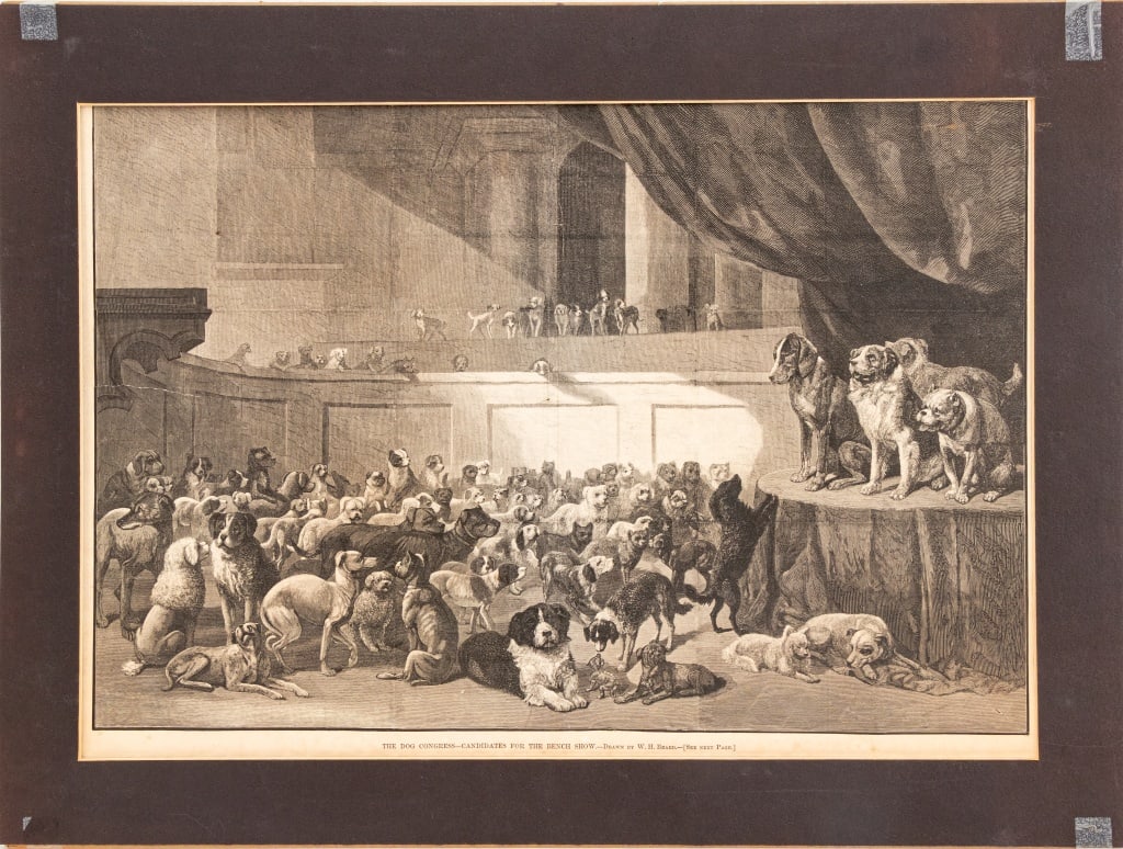 Harper's Weekly "The Dog Congress..." Lithograph: Harper's Weekly "The Dog Congress - Candidates for The Bench Show", Lithograph, 20 March 1880, Volume 24, originally drawn by William Holbrook Beard (American, 1825-1900), unframed. Image: 14" H x 20.