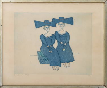 Benjamin Levy Ladies in Blue Etching and Aquatint: Benjamin Levy (Israeli, 1940-2010), Ladies in Blue, Etching and Aquatint, signed in pencil lower left, numbered edition "11/100" lower right, "Property of / Euro Art Foundation / New York" label to ve