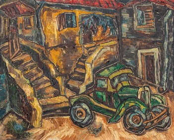 European School Abstract Cityscape Oil, 1958