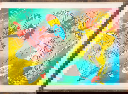 Gerard Guyomard Abstract Figural Lithograph: Gerard Guyomard (French, b. 1936), Abstract Figural Composition, Lithograph in Colors on Arches Paper, printed by Lintas and numbered edition "122/175" lower left, signed in pencil lower right, wood f