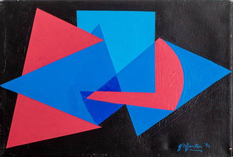 John Murray Barton Abstraction Oil on Canvas: John Murray Barton (American, 1921-2000), Abstract Geometric Composition, Oil on Canvas, 1992, in blues and pink on a black ground, signed "JM Barton" and dated "'92" lower right, unframed. 12" H x 18