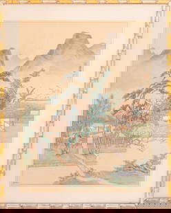 M. E. Wein "Fisherman's Cove" Watercolor: M.E. Wien (Mortimer E. Wien, American, 1896 - 1992) "Fisherman's Cove," Watercolor on Silk, in the Chinese manner, with pseudo-calligraphy and collector's chop mark to right, signed lower left "M.E. W
