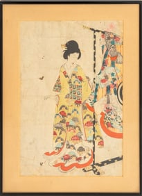 Japanese Woman by Kimono Stand Woodblock, 19th C.