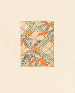 Japanese Bamboo Woodblock Print, ca. 1898: Japanese School, Bamboo Abstract Composition, Woodblock Print in Colors on Paper, circa 1898, lattice-pattern of bamboo and colorful leaves, marked to verso "... Hand printed from woodblock in Japan 1