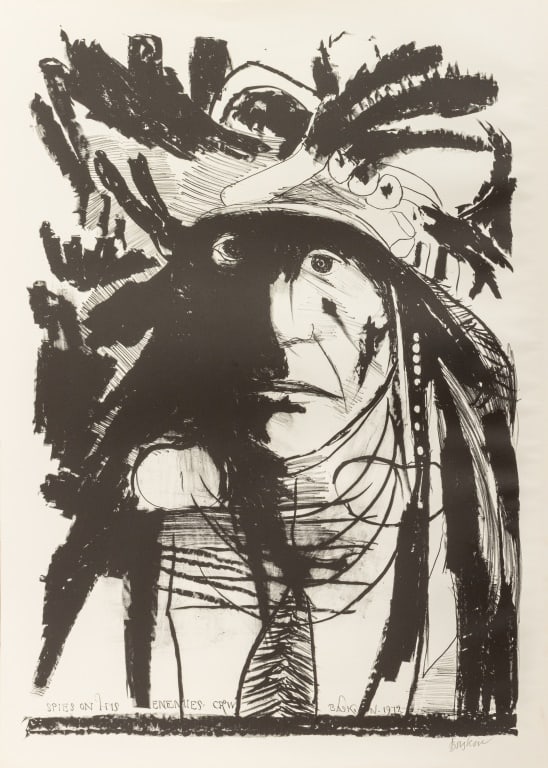 Leonard Baskin "Spies on His Enemies" Lithograph: Leonard Baskin (American, 1922-2000), "Spies on His Enemies Crow", Lithograph on Wove Paper, 1972, titled lower left, signed and dated in plate, signed in pencil lower right, unframed. 35" H x 25" W.