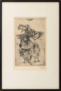 Johnny Friedlaender "Les Chevres" Etching, 1963: Johnny Friedlaender (German/French, 1912-1992), "Les Chevres" [The Goats], Etching on Paper, circa 1963, signed lower left, Associated American Artists label to verso, wood frame. Image: 11" H x 7" W;