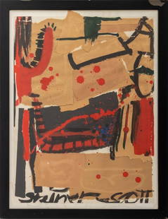 Contemporary School Abstract Mixed Media Collage: Contemporary School, Abstract Composition, Mixed Media Collage on Paper, apparently unsigned, ebonized wood frame. Image: 24.5" H x 18.5" W; frame: 27" H x 21" W. Provenance: From an Upper East Side C