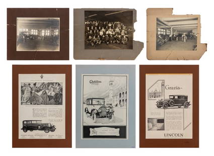 Early Automobile Ephemera, 6 Pcs.: Collection of Six Pieces of Early Automobile Ephemera, comprising: (3) photographs of a car manufacturer, featuring the workers, "Cadillac l'automobile a 8 Cilindri" italian advertisment, Packard auto