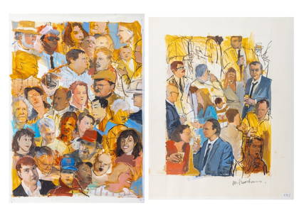 Michael Paraskevas Group Portrait Acrylics, 2: Michael Paraskevas (American, b. 1961), Two Group Portrait Vignettes, Acrylic on Illustration Board, both signed lower right, unframed. Larger: 29" H x 23" W. Provenance: From a New York City Collecti