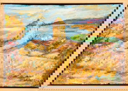 Raphael Wosny Architectural Landscape Oil, 2004: Raphael Wosny (French, b. 1960), Architectural Landscape, Oil on Board, 2004, signed and dated lower right and to verso. Image: 15" H x 21.5" W; frame: 16.5" H x 23.25" W. Provenance: From a 35 East 7