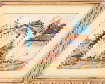 Signed Church Landscape Watercolor on Paper, 1946