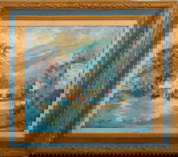 Greene Village In Winter Oil on Canvas: Greene (American, XX), Village Scene in Winter, Oil on Canvas, signed "Greene" to lower left, gilt and blue painted wood frame. Image: 19.5" H x 23.5" W; frame: 28" H x 32" W. Provenance: From a New Y