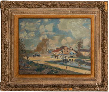 After Alfred Sisley Aux Bords du Loing Lithograph: After Alfred Sisley (British, 1839-1899), "Aux Bords du Loing", Lithograph in Colors, signed in plate lower right, gallery label to verso, carved giltwood frame. Image: 13.25" H x 17.5" W; frame: 21.5