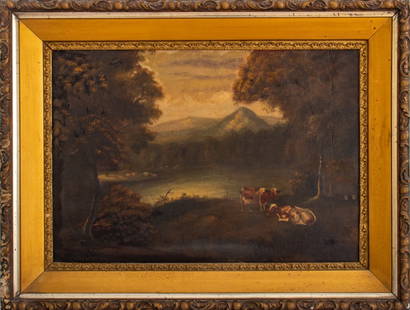 Illegibly Signed Pastoral Landscape Oil on Canvas: American School, Pastoral Landscape, Oil on Canvas mounted on Board, late 19th century, illegibly signed "W. Whitman(?)" lower left, giltwood frame. Image: 17" H x 24.5" W; frame: 24" H x 31.5" W. Pro