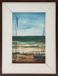 Illegibly Signed Harbor Scene Oil on Canvas: 20th Century School, Harbor Scene, Oil on Canvas, signed illegibly lower right, wood frame. Image: 9" H x 5.75" W; frame: 13.5" H x 10.5" W x 0.75" D. Provenance: From a collection in Mt. Kisco. Keywo