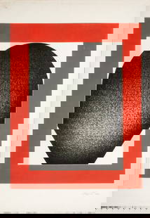 William Brui Abstract Composition Engraving, 1972: William Brui (Russian, b. 1946), Abstract Composition, Engraving in Colors on Arches Paper, 1972, pencil signed, dated, and inscribed "EA" to bottom margin. Image: 27" H x 21.5" W; sheet: 35.5" H x 25