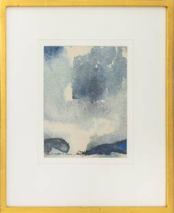Josette T. Khu Abstract Landscape Watercolor: Josette T. Khu (Philippine, b. 1933), Abstract Landscape, Watercolor on Paper, signed in pencil and iron red chop seal mark lower left, giltwood frame. Image: 8.5" H x 6.5" W; frame: 16.75" H x 13.75"