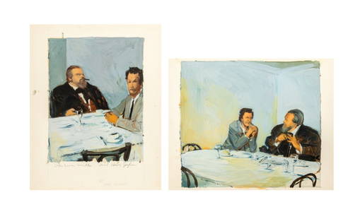 Michael Paraskevas Orson Welles, Etc. Acrylics, 2: Michael Paraskevas (American, b. 1961), Two Portraits Compositions, Acrylic on Illustration Board, 1986, depicting Orson Welles and Henry Jaglom dining, "Orson Welles and Henry Jaglom" signed and date