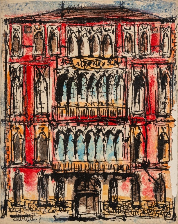 Architectural View of Venice Mixed Media, 1955: Architectural View of Venice, Mixed Media on Board, 1955, illegibly signed "Jairod (?)" lower left, inscribed "Venice - Europe" and dated to verso, unframed. 10" H x 8" W. Provenance: From a New York 