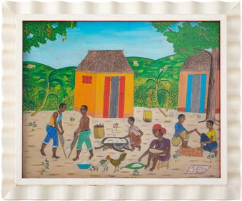 Michel M. Obin Haitian Village Scene Oil on Panel