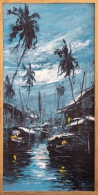 V. Lau Vietnamese Port Scene Acrylic, 1970s
