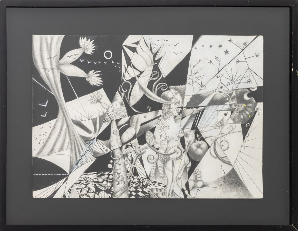 Iara Diaz "I Feed You" Pencil and Ink, 2013: Iara Celeste Diaz (XX), "I Feed You", Pencil and Ink on Paper, 2013, signed lower right, inscribed "To A!!! Happy New Year 2015!!! Iara Diaz", black frame. Image: 11.75" H x 16.25" W; frame: 16.5" H x