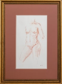 Signed Female Nude Torso Conte Crayon on Paper