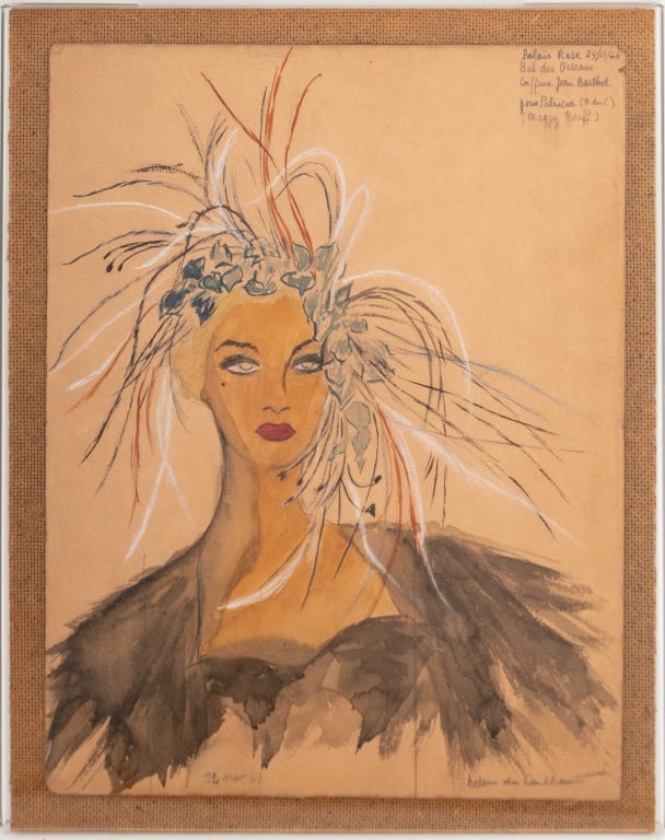 French School Fashion Portrait Mixed Media, 1948: French School, Fashion Portrait, Mixed Media on Paper, 1948, illegibly signed "Helen da ... (?)" lower right, inscribed upper right corner "Palais Rose 24/11/48 / Bal der Oiseaux / Coiffure Jean Barth