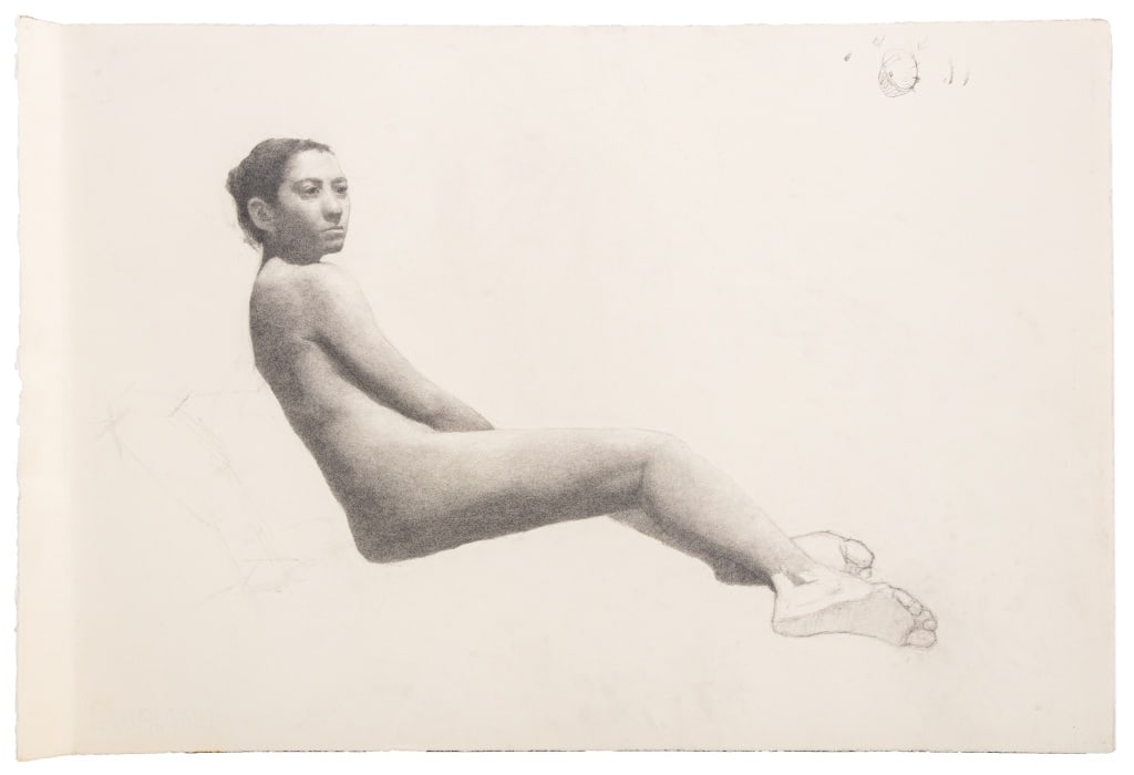 Reclining Nude Pencil on Fabriano Paper: 20th Century School, Reclining Nude, Pencil on Artistico Fabriano Paper, unsigned, blindstamp lower left, unframed. 14.75" H x 22.25" W. Provenance: From a New York City Collection. Keywords: Drawing,