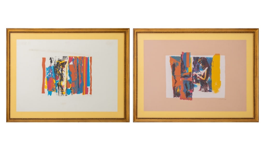 Nicola Simbari Nude Woman Screenprints, 2: Nicola Simbari (Italian, 1927-2012), Two Nude Woman Scenes, Screeprint in Colors, each signed in pencil lower right, one number edition "67/80" and one "P.A." lower lefts, giltwood frames. Larger imag
